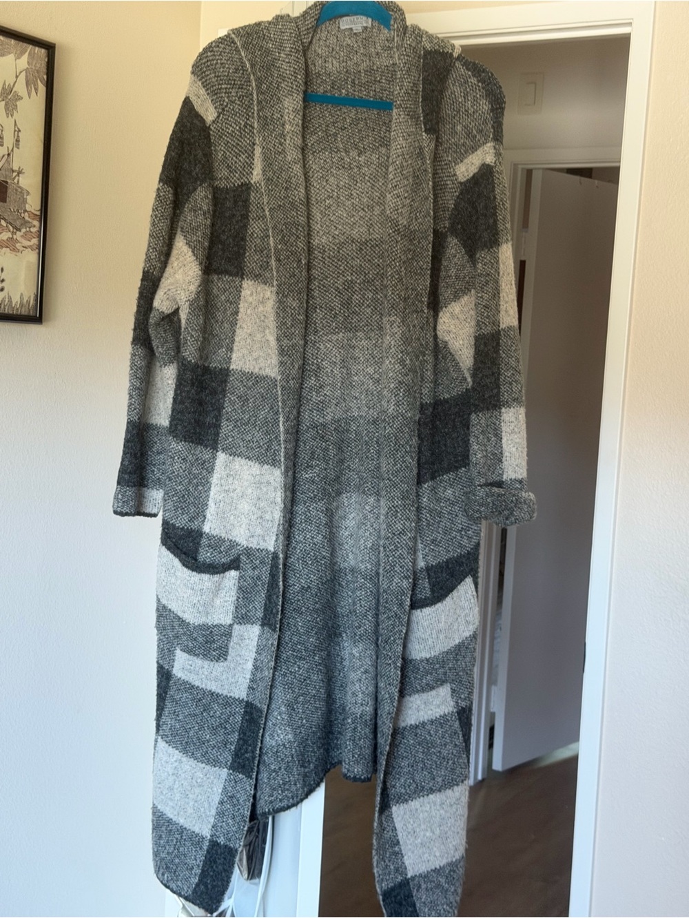 Open-Front Gray Plaid Longline Coatigan - Women